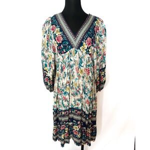 Ott Dress Womens Medium Boho Floral Puff Sleeve Empire‎ Waist Midi